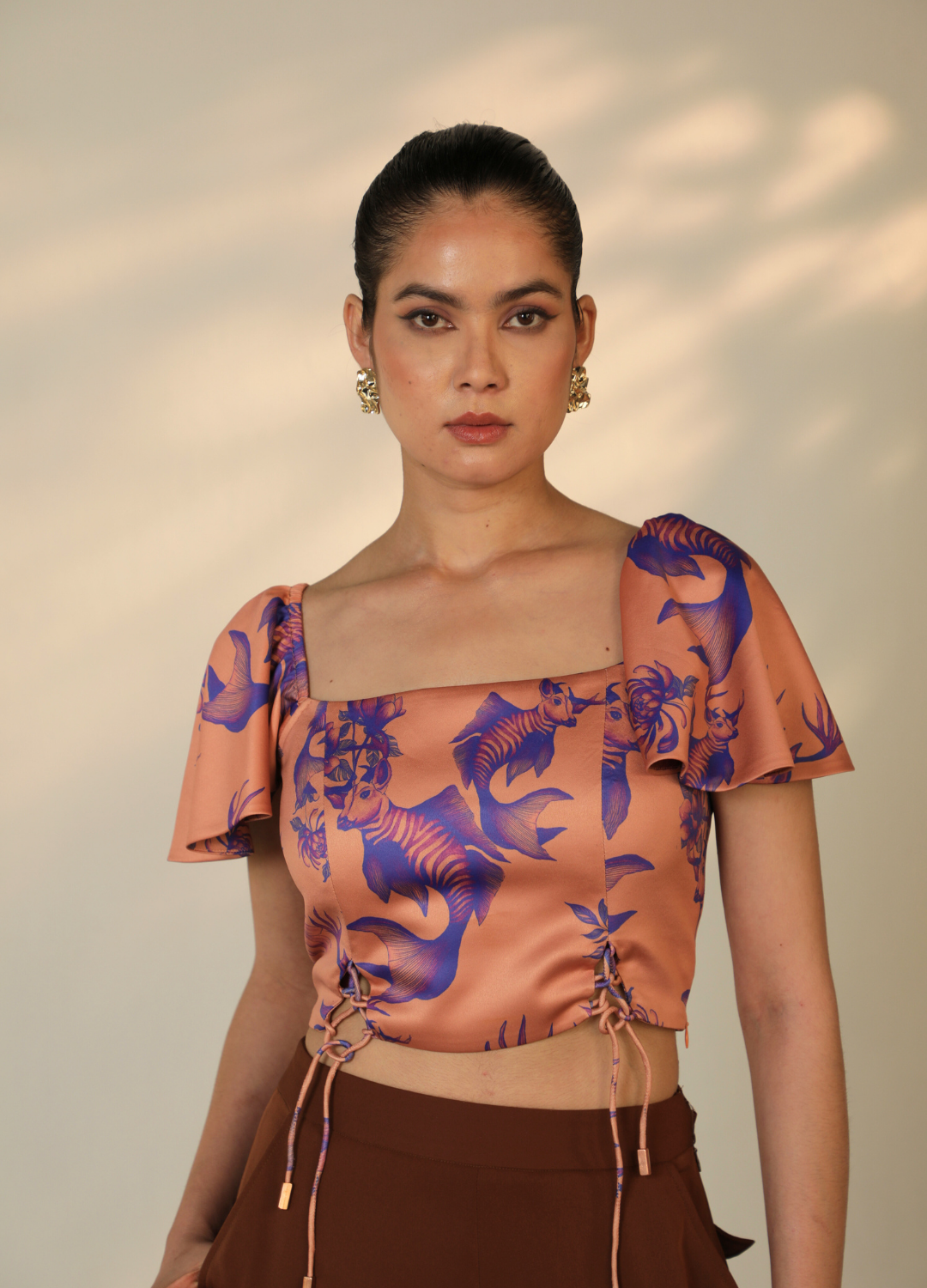 ZEEDEER PEACH PSEUDO CORSET CROP TOP