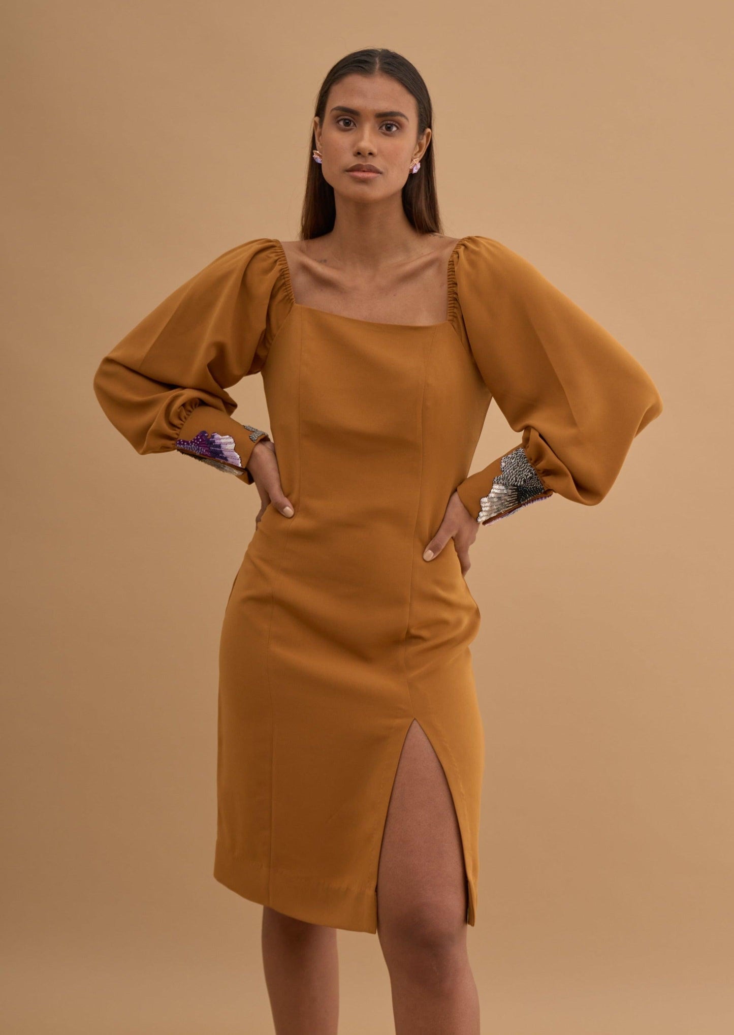 EMBRIODERED FRONT SLIT DRESS 