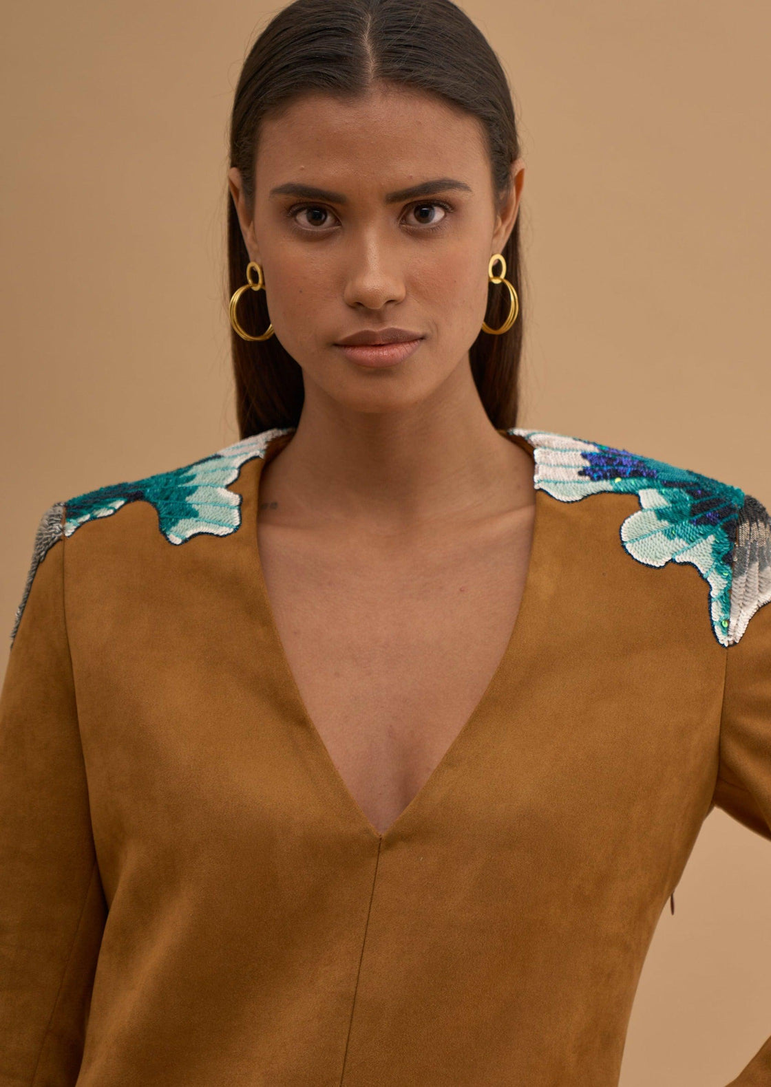 EMBRIODERED V-NECK BLAZER DRESS 